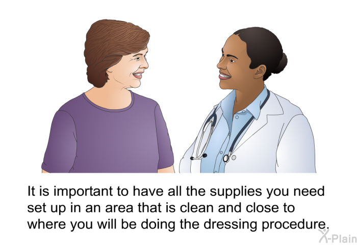 It is important to have all the supplies you need set up in an area that is clean and close to where you will be doing the dressing procedure.