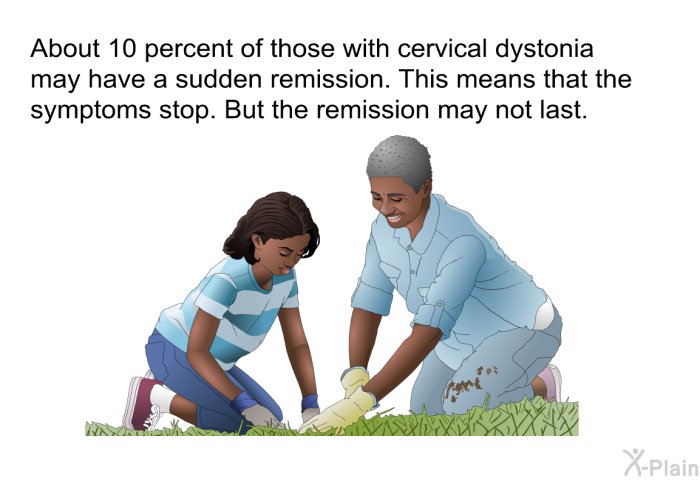 About 10 percent of those with cervical dystonia may have a sudden remission. This means that the symptoms stop. But the remission may not last.