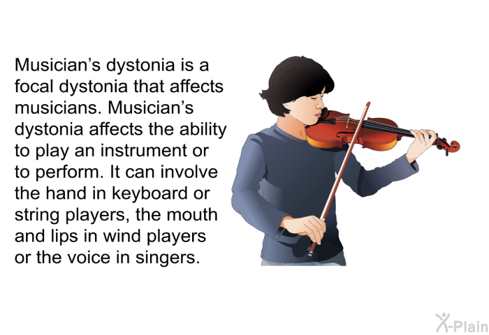 Musician's dystonia is a focal dystonia that affects musicians. Musician's dystonia affects the ability to play an instrument or to perform. It can involve the hand in keyboard or string players, the mouth and lips in wind players or the voice in singers.