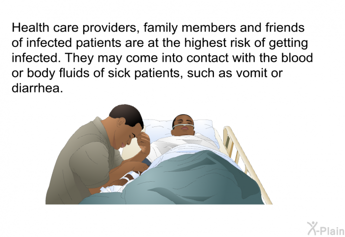 Health care providers, family members and friends of infected patients are at the highest risk of getting infected. They may come into contact with the blood or body fluids of sick patients, such as vomit or diarrhea.