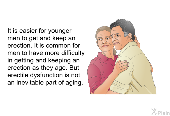 It is easier for younger men to get and keep an erection. It is common for men to have more difficulty in getting and keeping an erection as they age. But erectile dysfunction is not an inevitable part of aging.