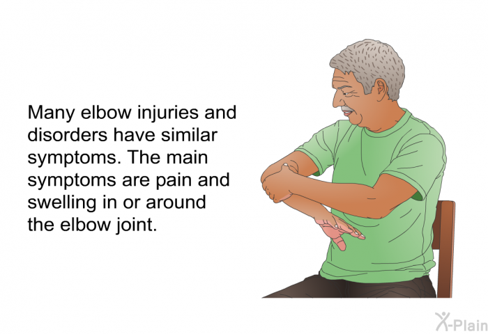Many elbow injuries and disorders have similar symptoms. The main symptoms are pain and swelling in or around the elbow joint.