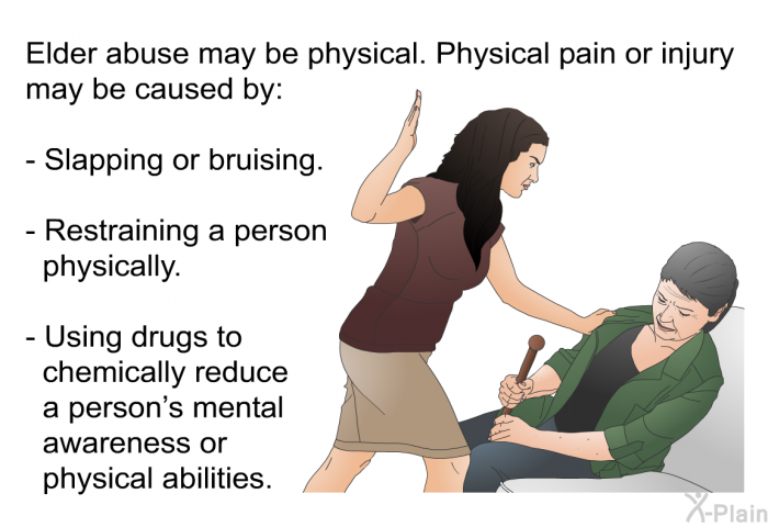 Elder abuse may be physical. Physical pain or injury may be caused by:  Slapping or bruising. Restraining a person physically. Using drugs to chemically reduce a person's mental awareness or physical abilities.