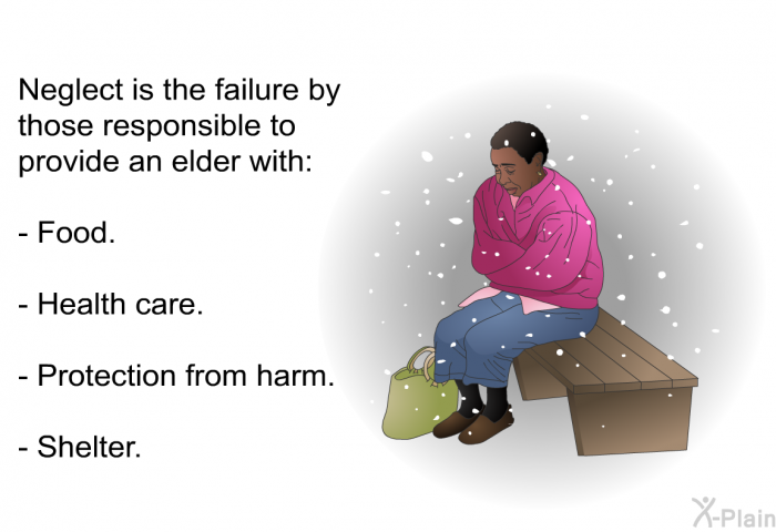 Neglect is the failure by those responsible to provide an elder with:  Food. Health care. Protection from harm. Shelter.