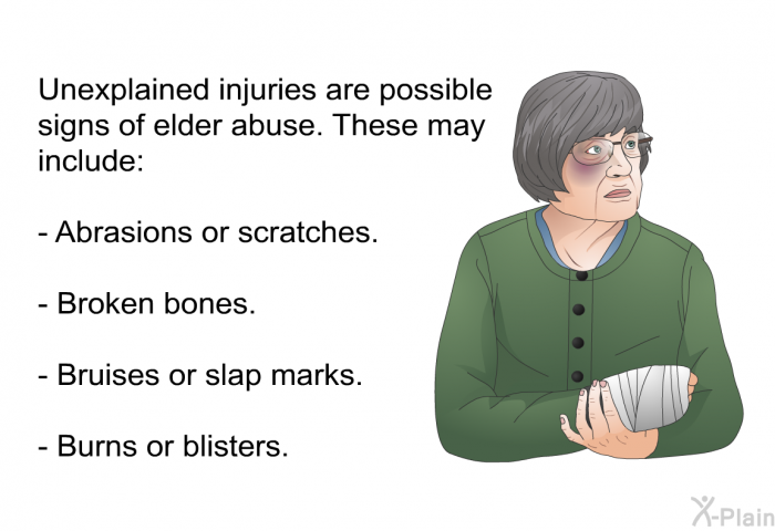 Unexplained injuries are possible signs of elder abuse. These may include:  Abrasions or scratches. Broken bones. Bruises or slap marks. Burns or blisters.