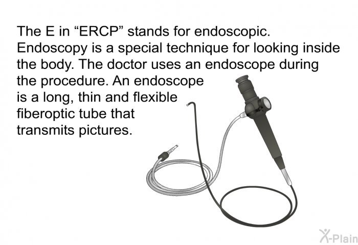 The E in “ERCP” stands for endoscopic. Endoscopy is a special technique for looking inside the body. The doctor uses an endoscope during the procedure. An endoscope is a long, thin and flexible fiberoptic tube that transmits pictures.