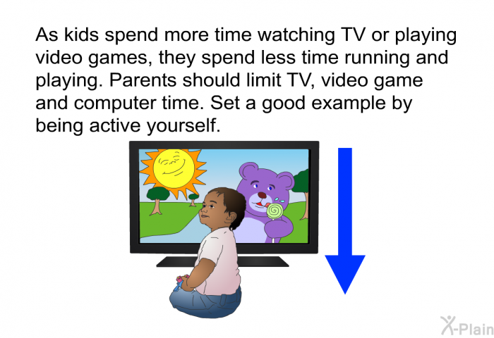 As kids spend more time watching TV or playing video games, they spend less time running and playing. Parents should limit TV, video game and computer time. Set a good example by being active yourself.