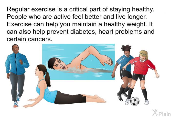 Regular exercise is a critical part of staying healthy. People who are active feel better and live longer. Exercise can help you maintain a healthy weight. It can also help prevent diabetes, heart problems and certain cancers.