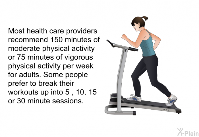 Most health care providers recommend 150 minutes of moderate physical activity or 75 minutes of vigorous physical activity per week for adults. Some people prefer to break their workouts up into 5 , 10, 15 or 30 minute sessions.