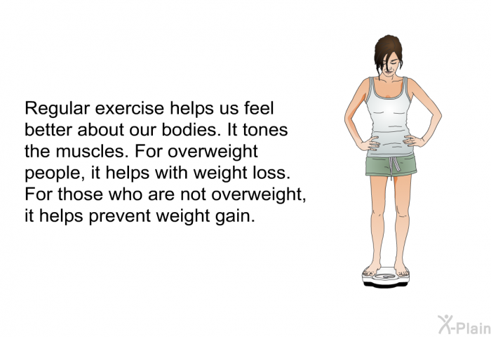 Regular exercise helps us feel better about our bodies. It tones the muscles. For overweight people, it helps with weight loss. For those who are not overweight, it helps prevent weight gain.