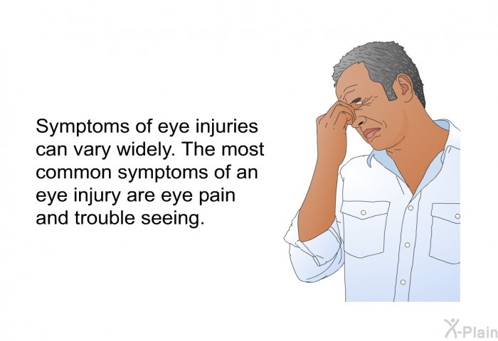Symptoms of eye injuries can vary widely. The most common symptoms of an eye injury are eye pain and trouble seeing.