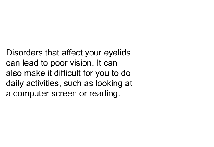 Disorders that affect your eyelids can lead to poor vision. It can also make it difficult for you to do daily activities, such as looking at a computer screen or reading.