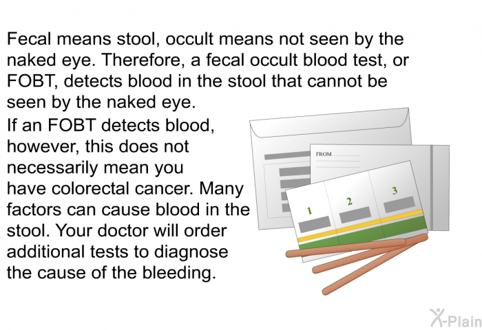 Fecal means stool, occult means not seen by the naked eye. Therefore, a fecal occult blood test, or FOBT, detects blood in the stool that cannot be seen by the naked eye. If an FOBT detects blood, however, this does not necessarily mean you have colorectal cancer. Many factors can cause blood in the stool. Your doctor will order additional tests to diagnose the cause of the bleeding.