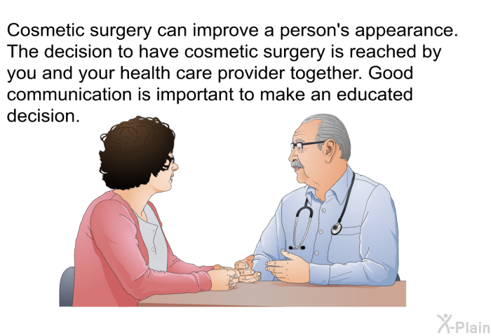 Cosmetic surgery can improve a person's appearance. The decision to have cosmetic surgery is reached by you and your health care provider together. Good communication is important to make an educated decision.