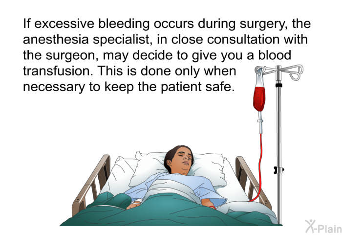 If excessive bleeding occurs during surgery, the anesthesia specialist, in close consultation with the surgeon, may decide to give you a blood transfusion. This is done only when necessary to keep the patient safe.