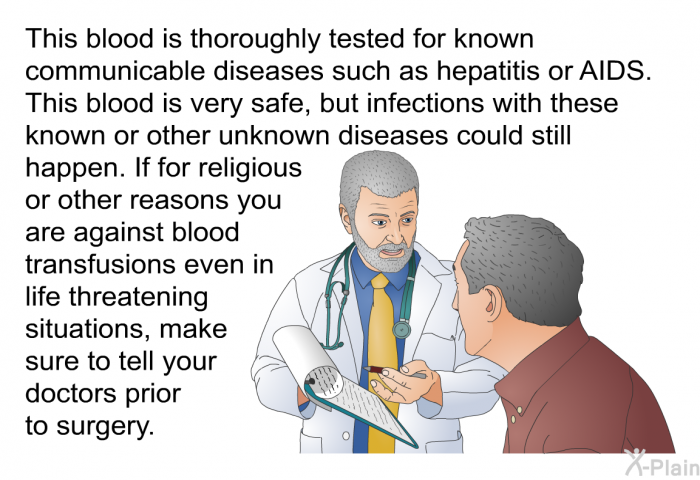 This blood is thoroughly tested for known communicable diseases such as hepatitis or AIDS. This blood is very safe, but infections with these known or other unknown diseases could still happen. 
 If for religious or other reasons you are against blood transfusions even in life threatening situations, make sure to tell your doctors prior to surgery.