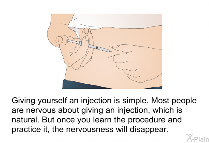 Giving yourself an injection is simple. Most people are nervous about giving an injection, which is natural. But once you learn the procedure and practice it, the nervousness will disappear.