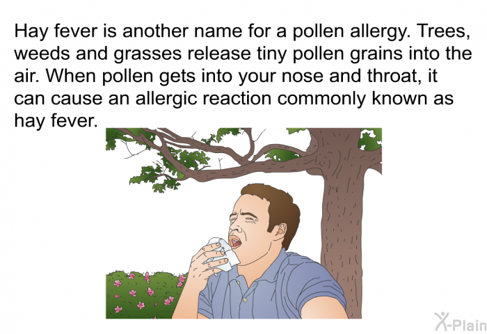 Hay fever is another name for a pollen allergy. Trees, weeds and grasses release tiny pollen grains into the air. When pollen gets into your nose and throat, it can cause an allergic reaction commonly known as hay fever.