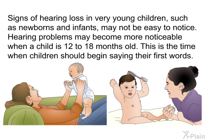 Signs of hearing loss in very young children, such as newborns and infants, may not be easy to notice. Hearing problems may become more noticeable when a child is 12 to 18 months old. This is the time when children should begin saying their first words.