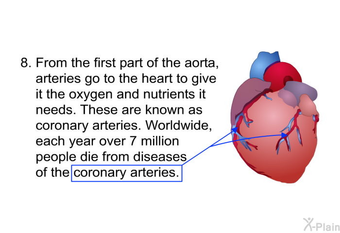 From the first part of the aorta, arteries go to the heart to give it the oxygen and nutrients it needs. These are known as coronary arteries. Worldwide, each year over 7 million people die from diseases of the coronary arteries.