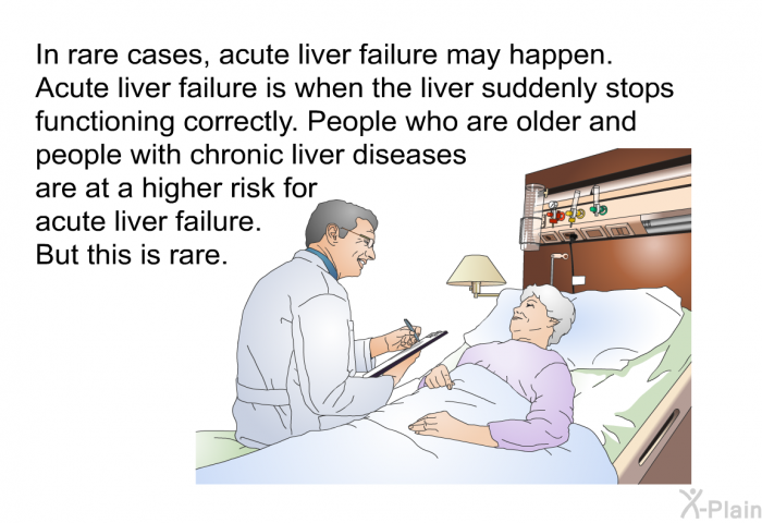 In rare cases, acute liver failure may happen. Acute liver failure is when the liver suddenly stops functioning correctly. People who are older and people with chronic liver diseases are at a higher risk for acute liver failure. But this is rare.