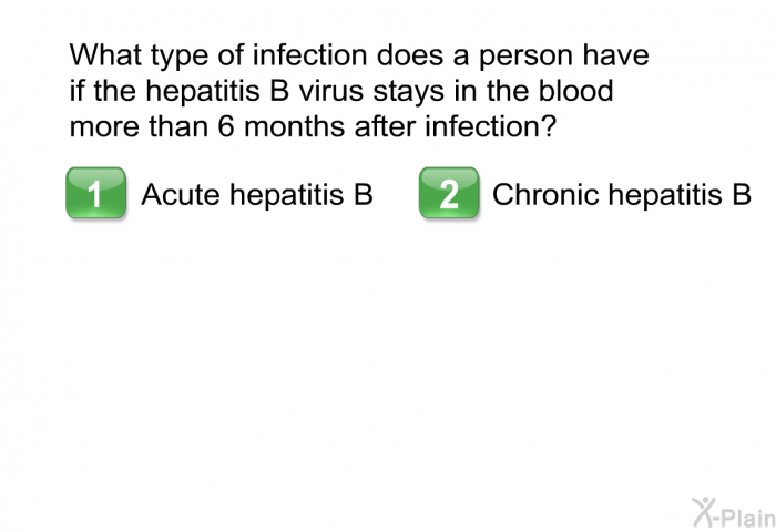 What type of infection does a person have if the hepatitis B virus stays in the blood more than 6 months after infection?  Acute hepatitis B. Chronic hepatitis B.