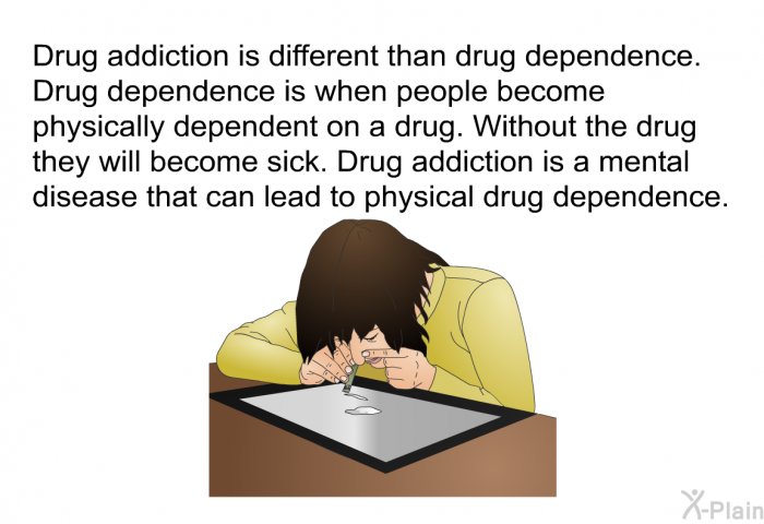 Drug addiction is different than drug dependence. Drug dependence is when people becomes physically dependent on a drug. Without the drug they will become sick. Drug addiction is a mental disease that can lead to physical drug dependence.