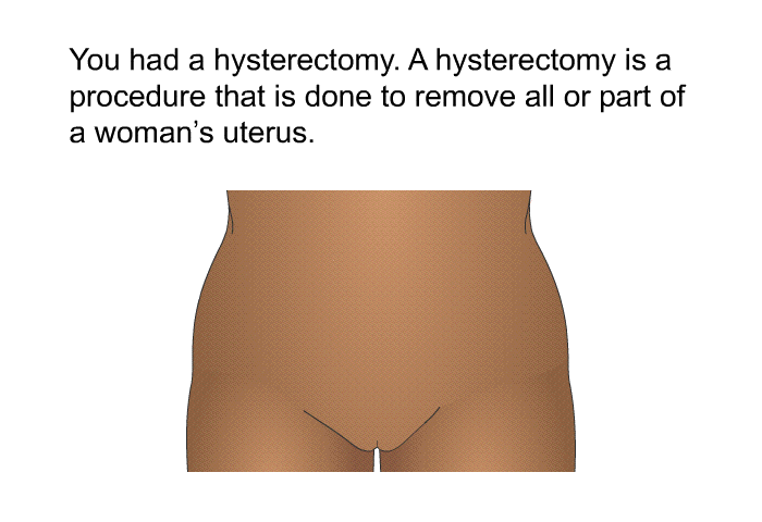 You had a hysterectomy. A hysterectomy is a procedure that is done to remove all or part of a woman's uterus.