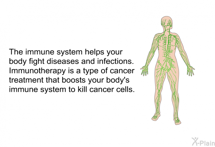 The immune system helps your body fight diseases and infections. Immunotherapy is a type of cancer treatment that boosts your body's immune system to kill cancer cells.