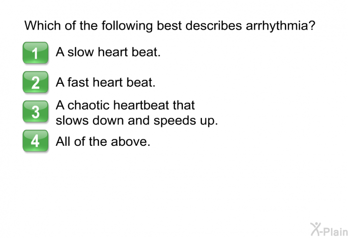 Which of the following best describes arrhythmia?  A slow heart beat. A fast heart beat. A chaotic heartbeat that slows down and speeds up. All of the above.