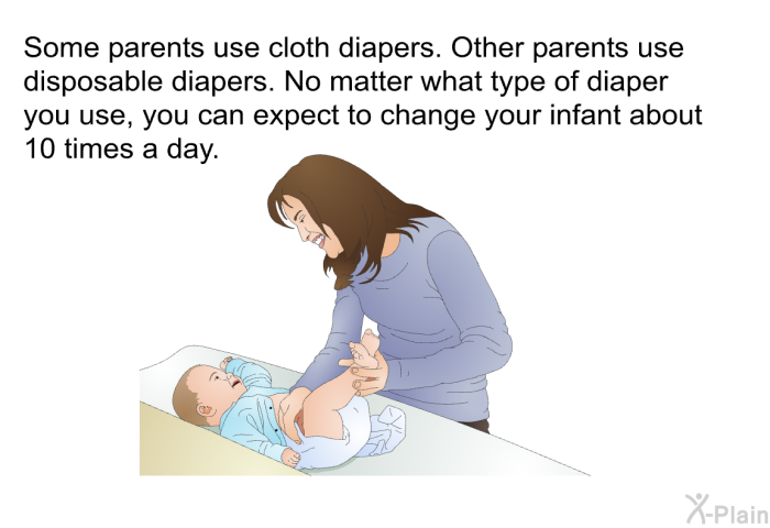 Some parents use cloth diapers. Other parents use disposable diapers. No matter what type of diaper you use, you can expect to change your infant about 10 times a day.