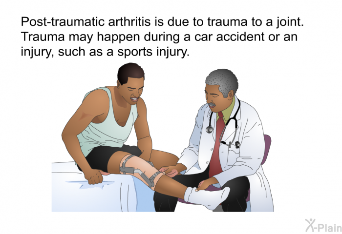 Post-traumatic arthritis is due to trauma to a joint. Trauma may happen during a car accident or an injury, such as a sports injury.