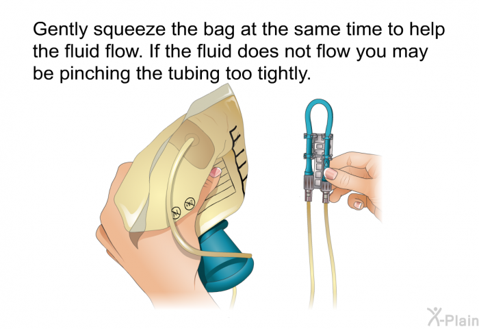 Gently squeeze the bag at the same time to help the fluid flow. If the fluid does not flow you may be pinching the tubing too tightly.