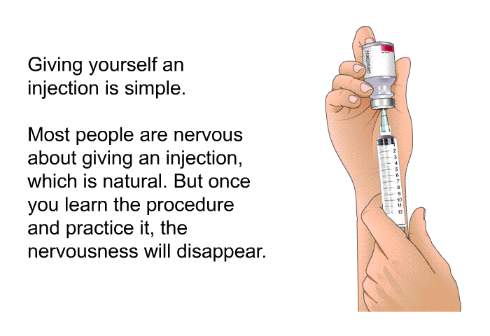 Giving yourself an injection is simple. Most people are nervous about giving an injection, which is natural. But once you learn the procedure and practice it, the nervousness will disappear.