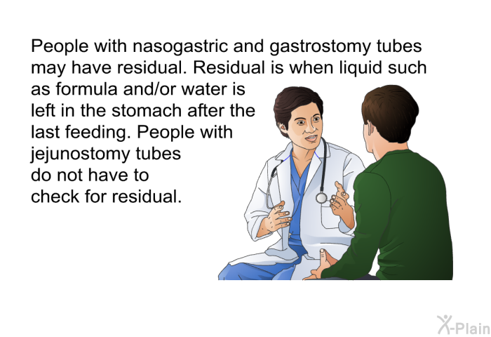 People with nasogastric and gastrostomy tubes may have residual. Residual is when liquid such as formula and/or water is left in the stomach after the last feeding. People with jejunostomy tubes do not have to check for residual.