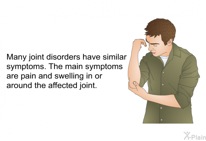 Many joint disorders have similar symptoms. The main symptoms are pain and swelling in or around the affected joint.