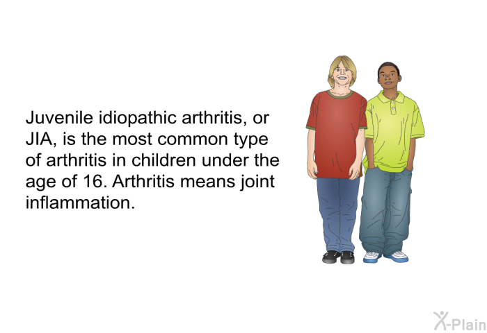 Juvenile idiopathic arthritis, or JIA, is the most common type of arthritis in children under the age of 16. Arthritis means joint inflammation.