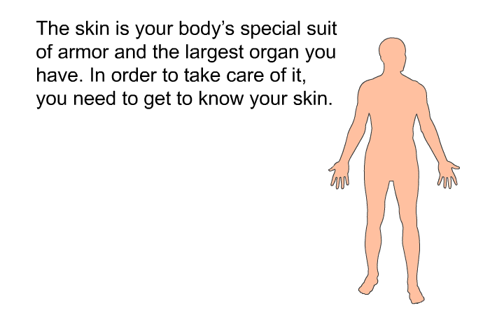 This health information was adapted from The Skin You're In brochure developed by the Public Awareness Task Force of the Association for the Advancement of Wound Care (AAWC). To access the brochure and other resources, visit www.aawconline.org 

 The skin is your body's special suit of armor and the largest organ you have. In order to take care of it, you need to get to know your skin.