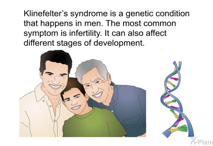 Klinefelter's syndrome is a genetic condition that happens in men. The most common symptom is infertility. It can also affect different stages of development.