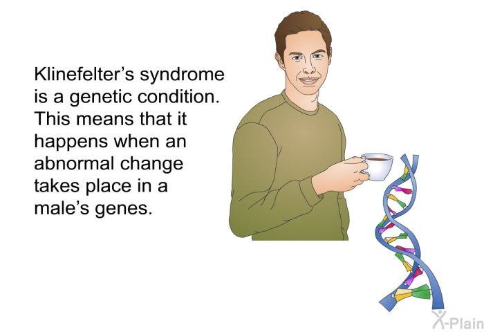 Klinefelter's syndrome is a genetic condition. This means that it happens when an abnormal change takes place in a male's genes.