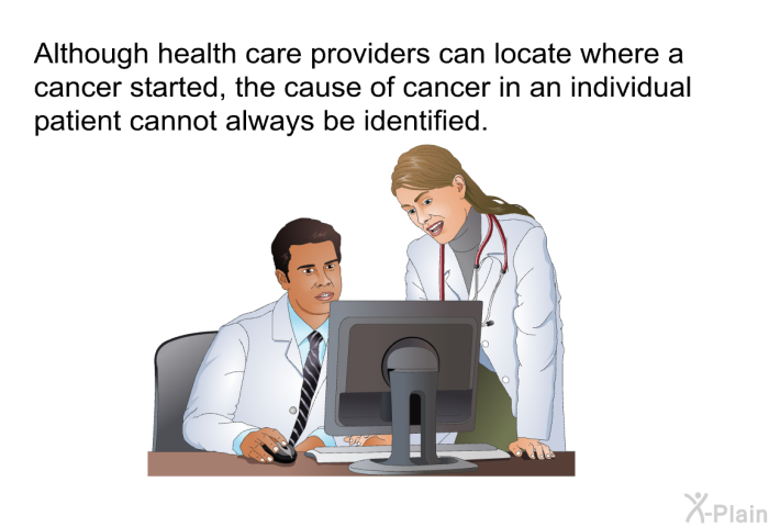 Although health care providers can locate where a cancer started, the cause of cancer in an individual patient cannot always be identified.