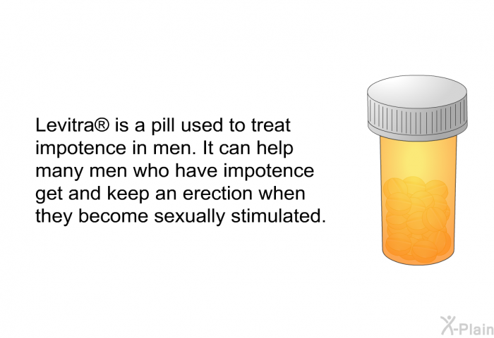 Levitra  is a pill used to treat impotence in men. It can help many men who have impotence get and keep an erection when they become sexually stimulated.