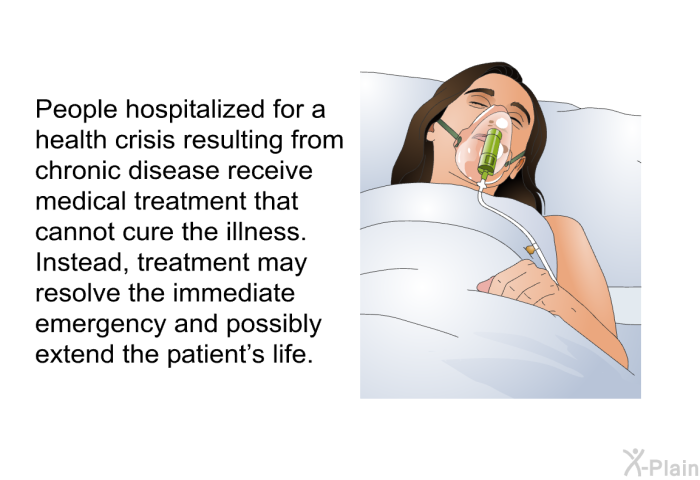 People hospitalized for a health crisis resulting from chronic disease receive medical treatment that cannot cure the illness. Instead, treatment may resolve the immediate emergency and possibly extend the patient's life.