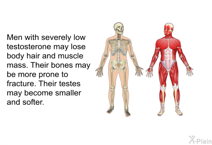 Men with severely low testosterone may lose body hair and muscle mass. Their bones may be more prone to fracture. Their testes may become smaller and softer.