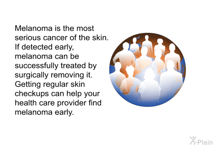Melanoma is the most serious cancer of the skin. If detected early, melanoma can be successfully treated by surgically removing it. Getting regular skin checkups can help your health care provider find melanoma early.