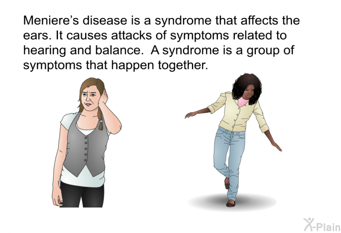 Meniere's disease is a syndrome that affects the ears. It causes attacks of symptoms related to hearing and balance. A syndrome is a group of symptoms that happen together.