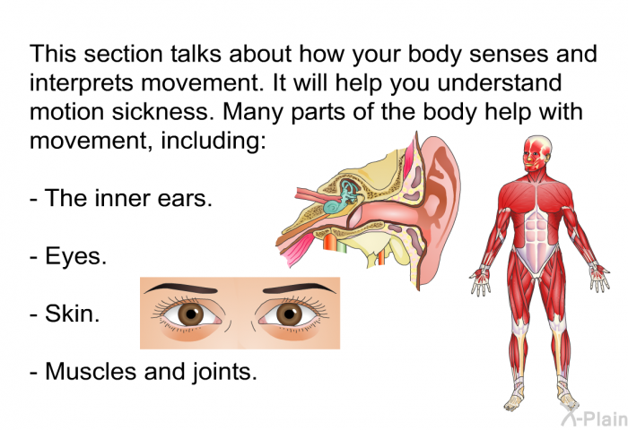 This section talks about how your body senses and interprets movement. It will help you understand motion sickness. Many parts of the body help with movement, including:  The inner ears. Eyes. Skin. Muscles and joints.