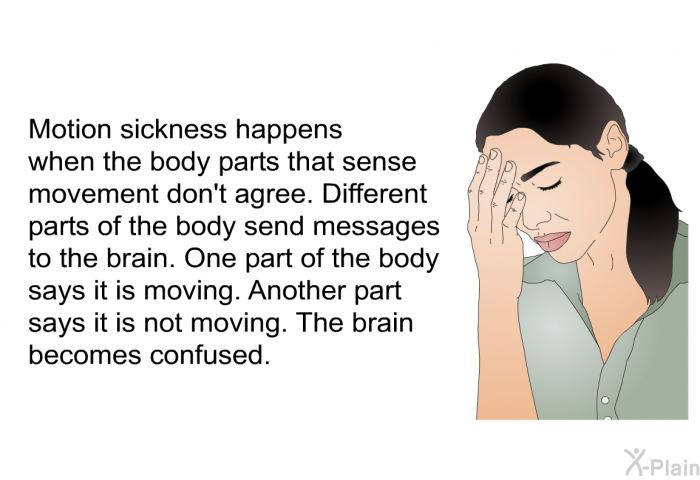 Motion sickness happens when the body parts that sense movement don't agree. Different parts of the body send messages to the brain. One part of the body says it is moving. Another part says it is not moving. The brain becomes confused.