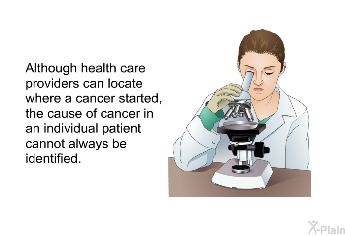 Although health care providers can locate where a cancer started, the cause of cancer in an individual patient cannot always be identified.