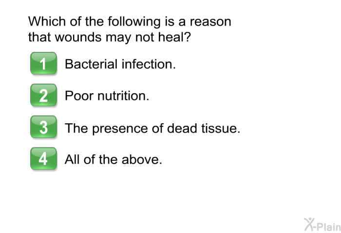 Which of the following is a reason that wounds may not heal?  Bacterial infection. Poor nutrition. The presence of dead tissue. All of the above.